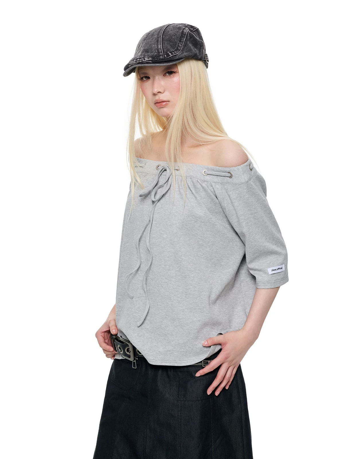 Off Shoulder Drawstring Loose T-Shirt