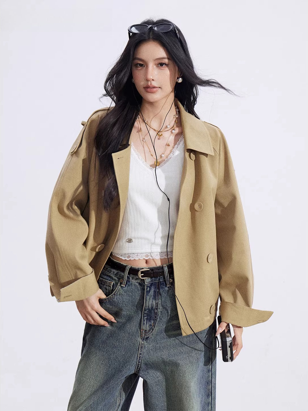 Khaki Plaid Panel Double-Breasted Jacket