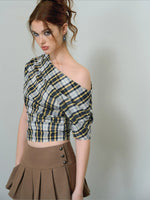 Asymmetric Plaid Draped Top