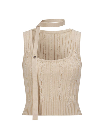 Black &amp; Beige Ribbon Knit Tank Top
