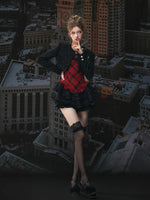Red Plaid Lace Puff Dress Set