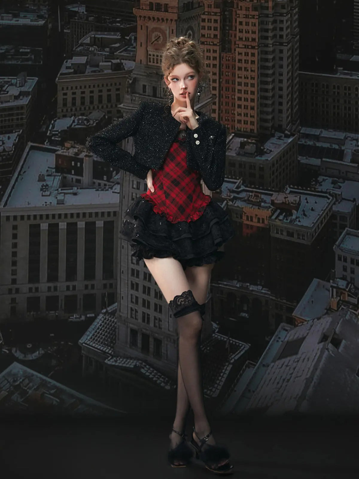 Red Plaid Lace Puff Dress Set