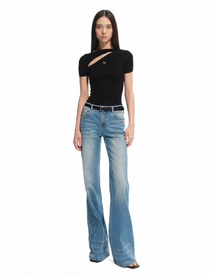 Diagonal Open Hollow-out Asymmetric Regular Shoulder T-Shirt