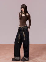 Rhinestone Cuffed Wide-Leg Denim Jeans