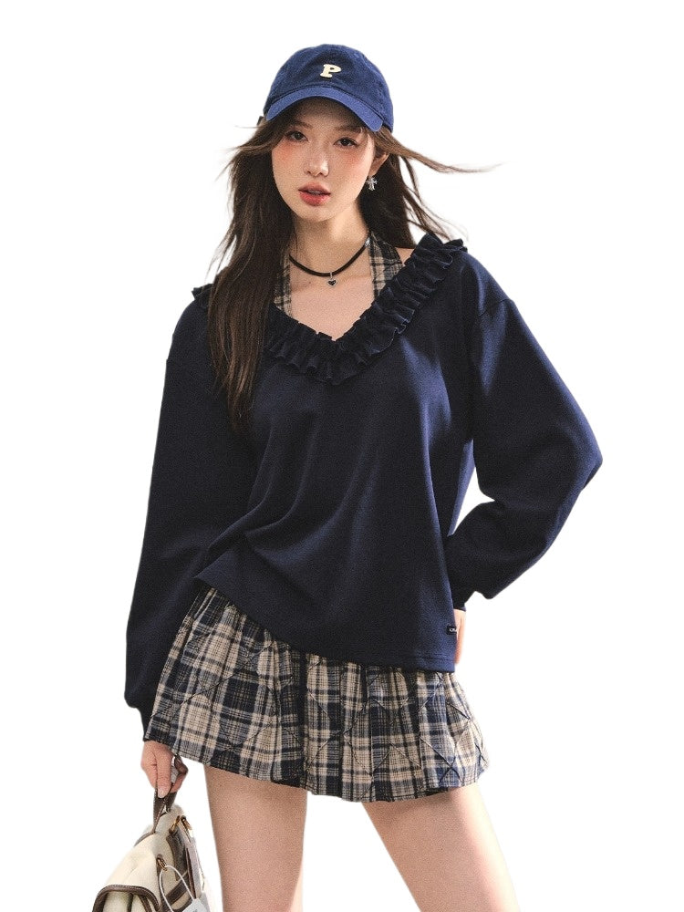 Navy Blue Plaid Halter Ruffle Sweatshirt &amp; Skirt set