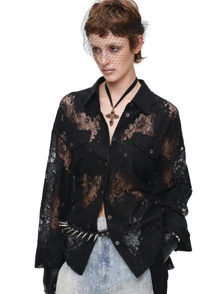Lace Belted Sheer Shirt