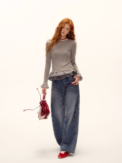 Wool Blend Tencel Plaid Knit Top