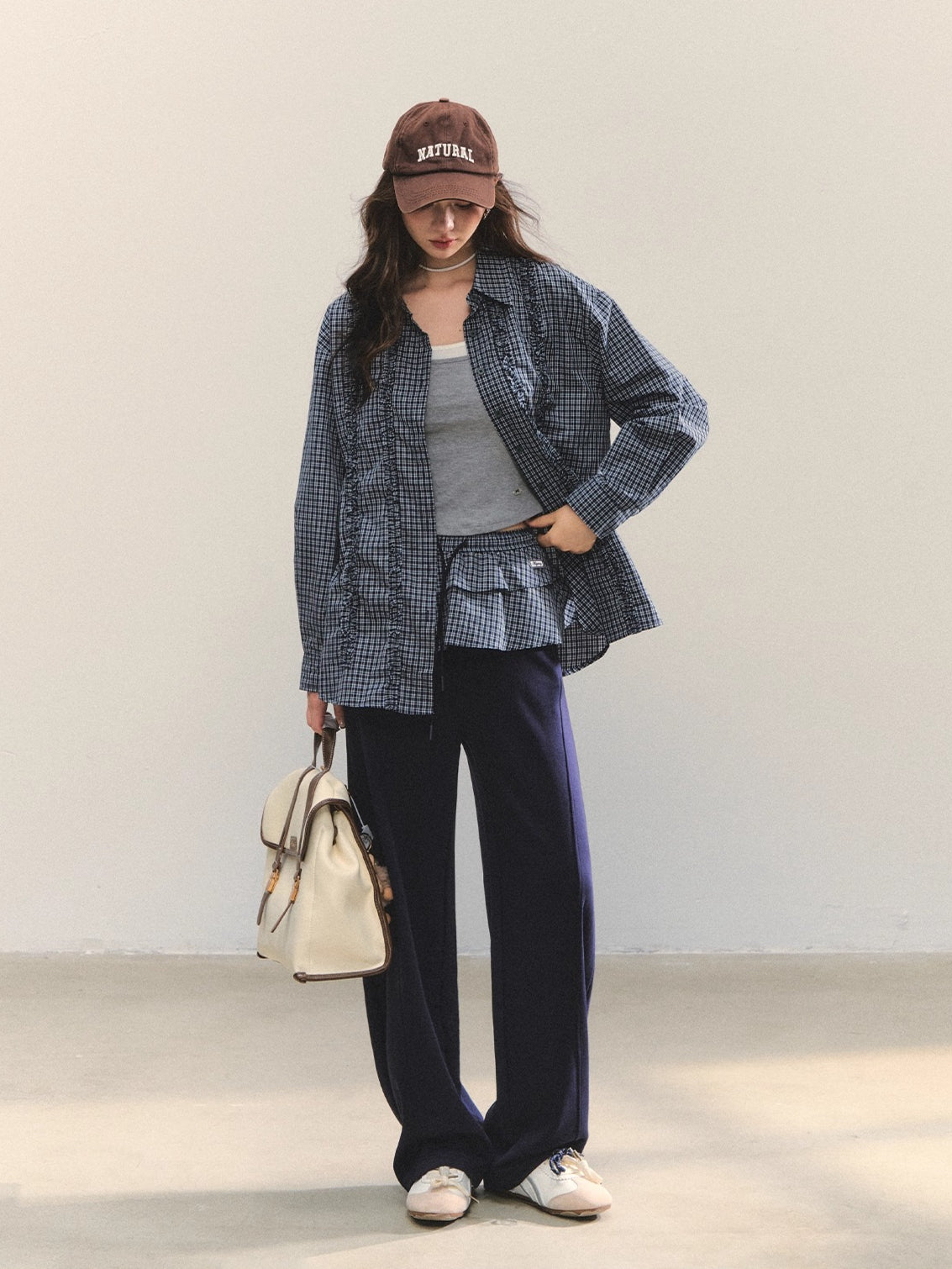 Plaid Ruffle Drawstring Pleated Shirt &amp; Sweatpants Set