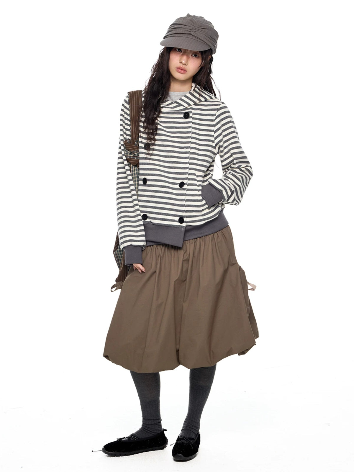 Double-Breasted Striped Hooded Cardigan