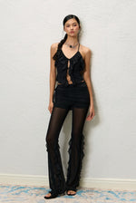 Black & White Ruffle V-Neck Tank & Sheer Pants Set