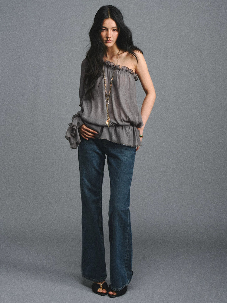 Turquoise One-Shoulder Chiffon Blouse