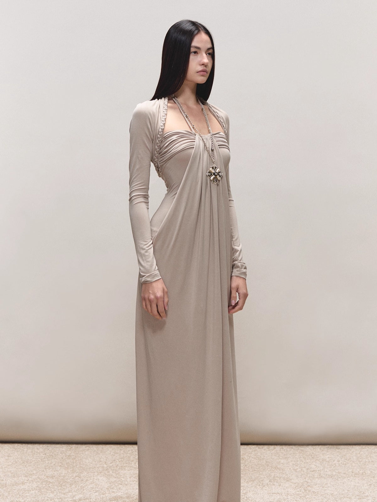 Khaki Lyocell Braided-Halter Ruched Dress Set