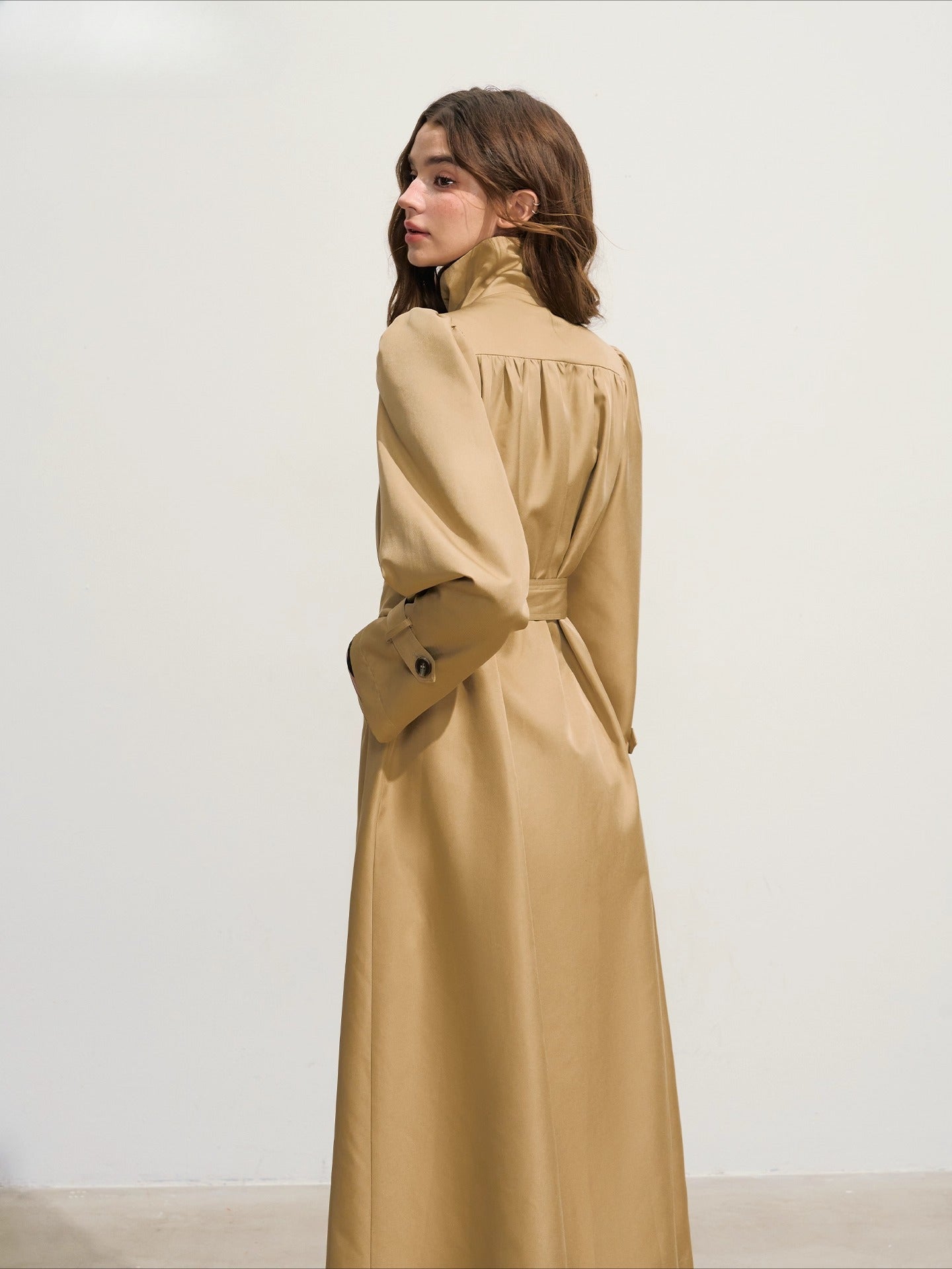Khaki Puff-Sleeve Double-Breasted Long Trench Coat