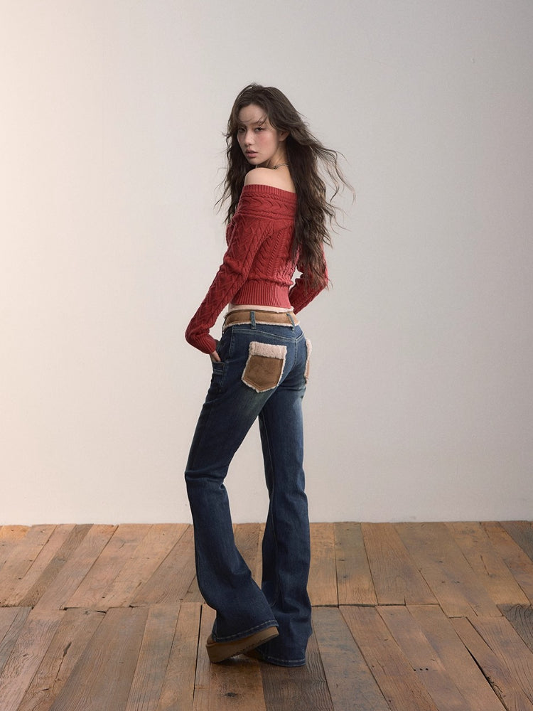 Color-Blocked Faux Fur Waist Slim Flare Jeans