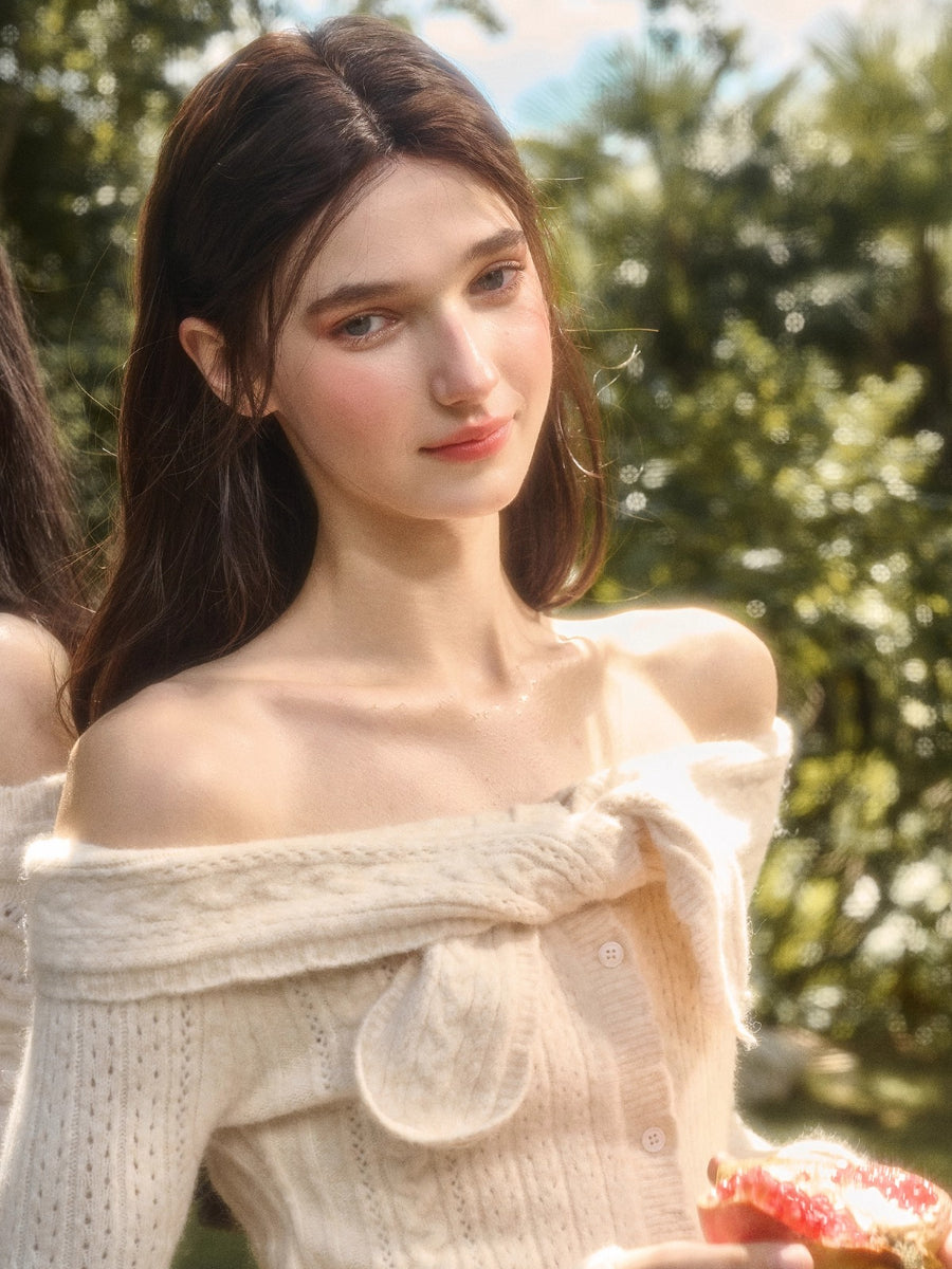 Velvet Bunny Wool Cloud Off-Shoulder Knit Cardigan &amp; Pants Set