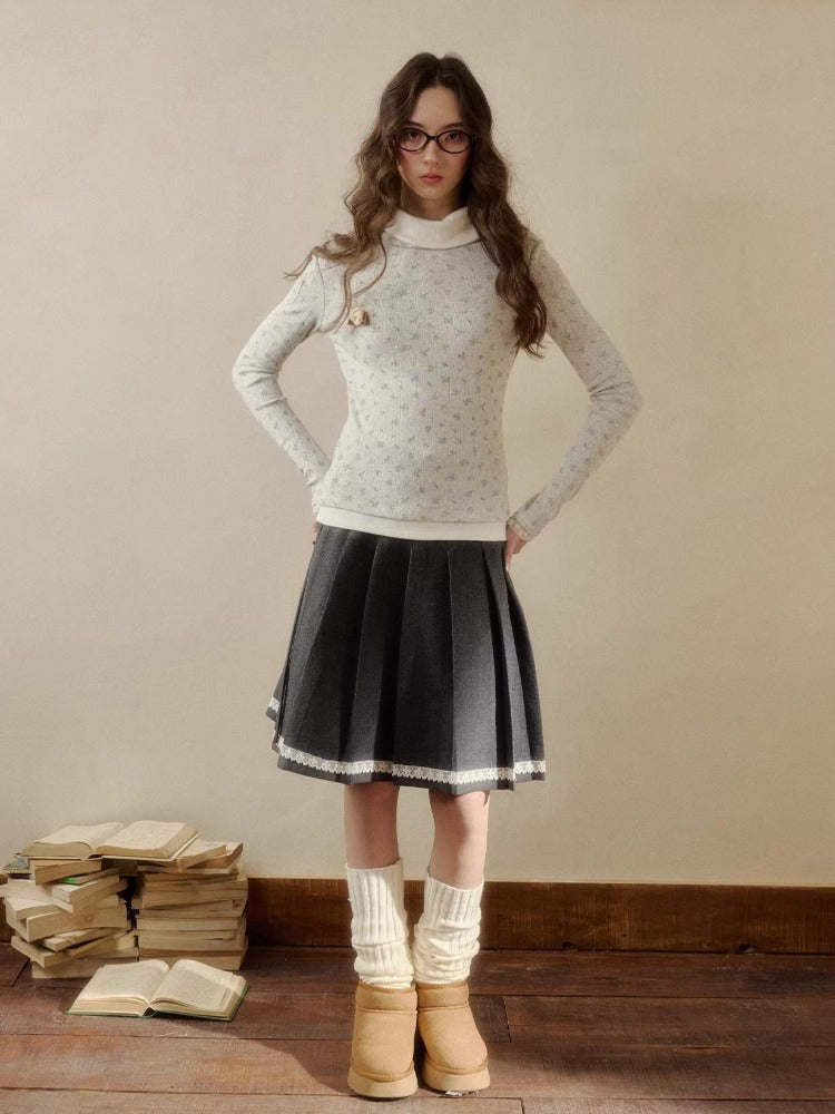 Floral Collar Knit Long Sleeve Top