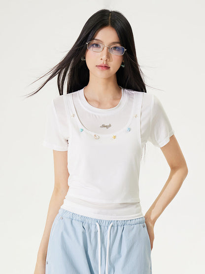 Fake Two-piece Cool Tie-front Regular Shoulder T-shirt