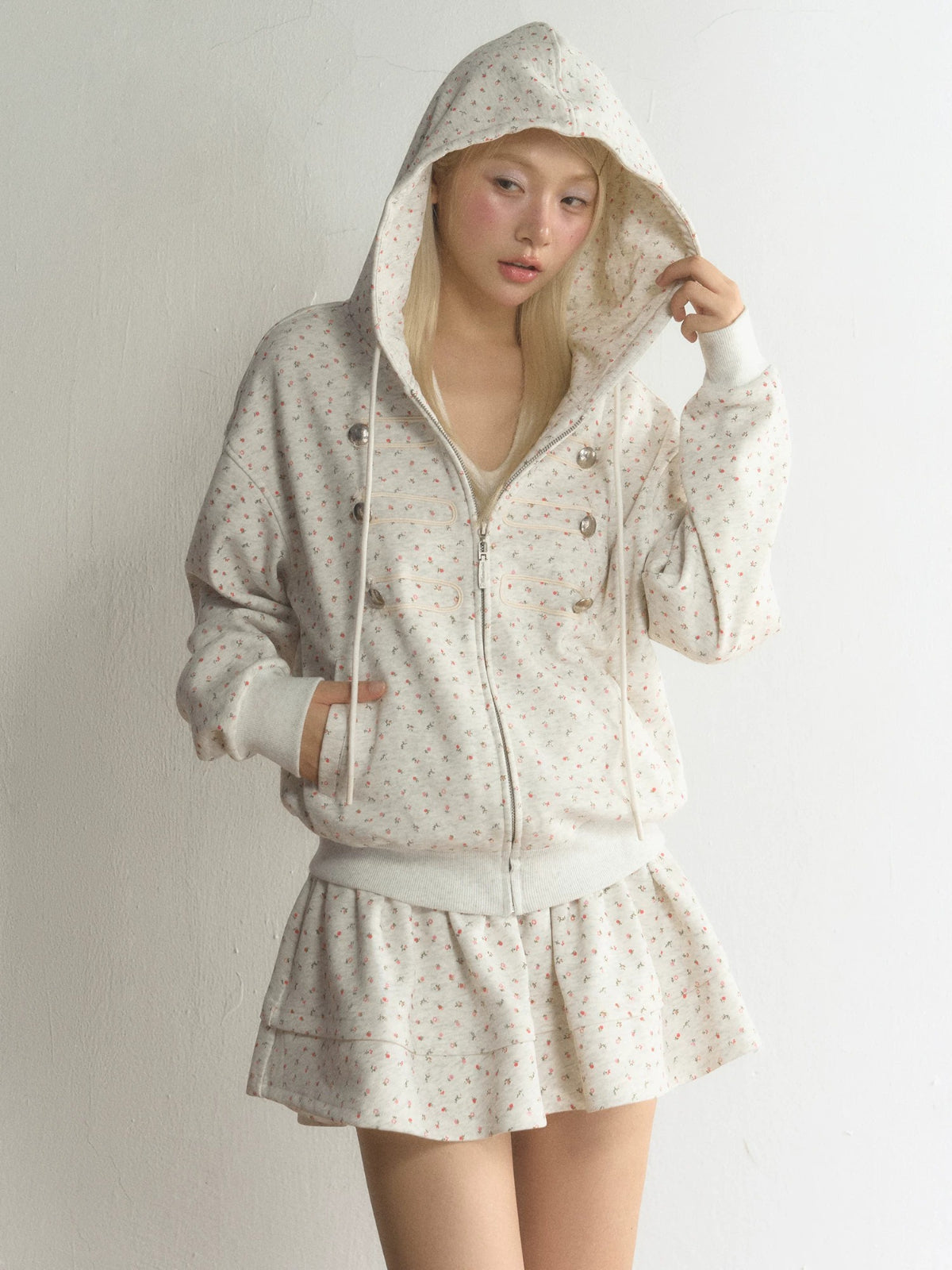 Floral Military Detail Zip-Up Hoodie
