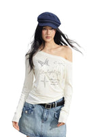 Irregular Off-Shoulder Butterfly T-shirt