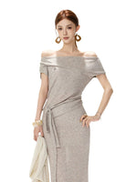 Gray Tie-Waist Knit Top & Skirt Set