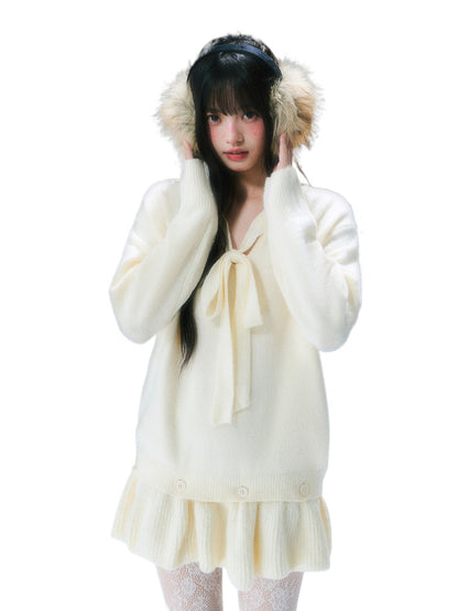 Beige Tie-Front Knit Dress