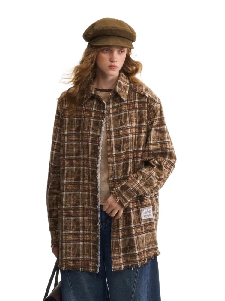 Brown Plaid Lace Trim Shirt