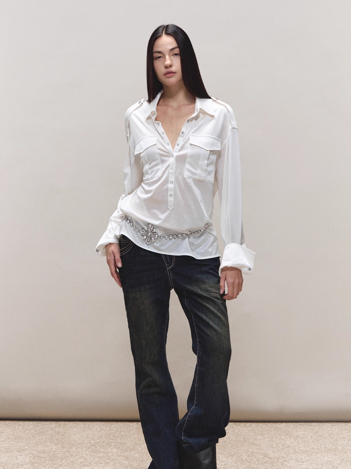 Satin-Sheen Knit Utility Shirt