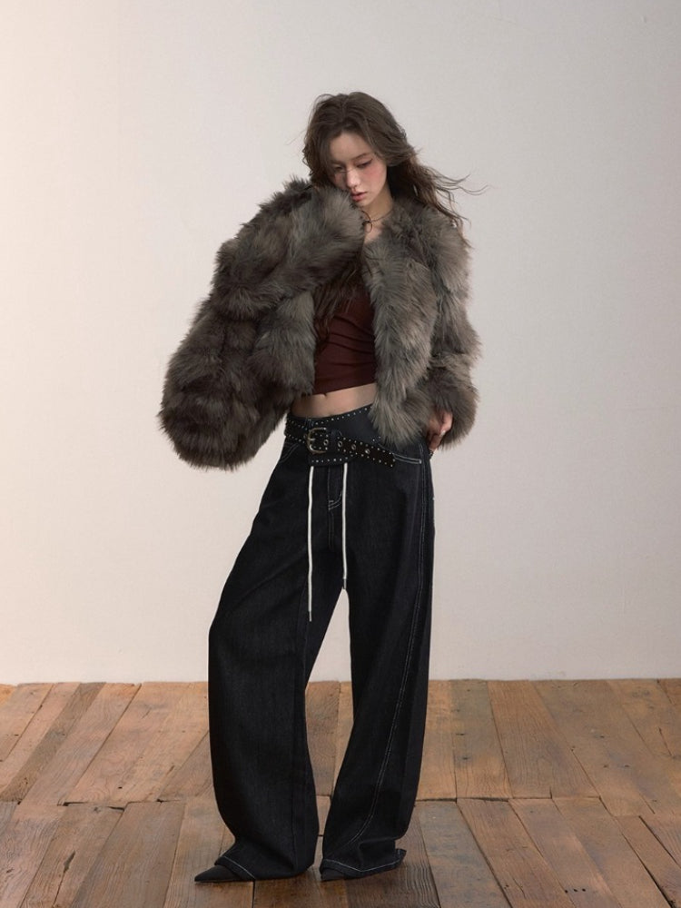 Short PU Leather Faux Fur Collar Coat