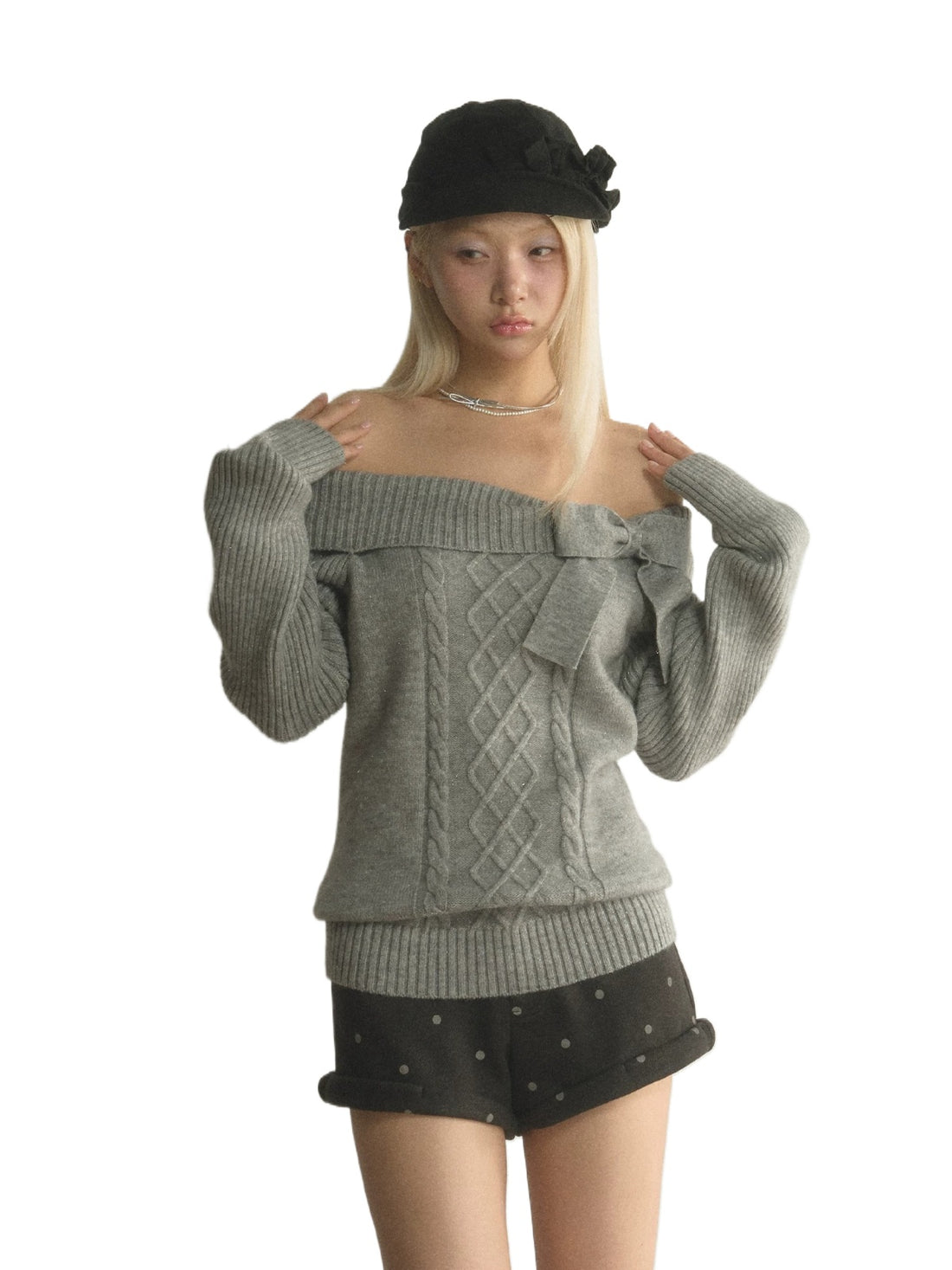 Off-Shoulder Bow Cable Knit Sweater