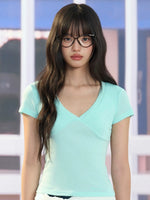 Green V-neck Fitted Tee