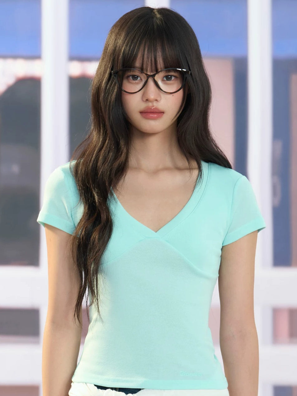 Green V-neck Fitted Tee