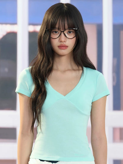 Green V-neck Fitted Tee