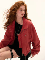 Red Utility Stand Collar Cropped Jacket