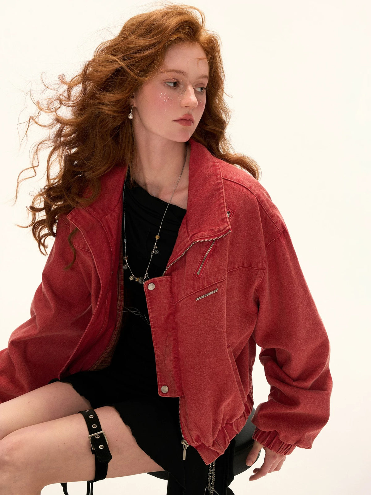Red Utility Stand Collar Cropped Jacket