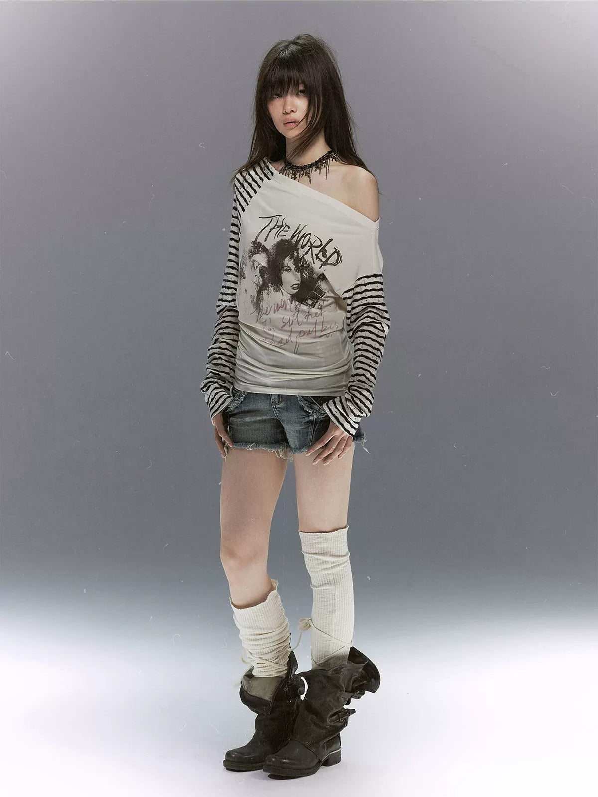 Punk Portrait Stripe Asymmetric Top