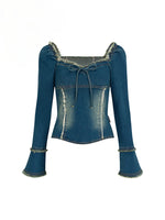 Waist Cinch Frayed Two-Way Soft Denim Top