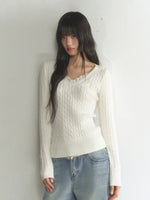 Lace Trim V-Neck Cable Knit Sweater