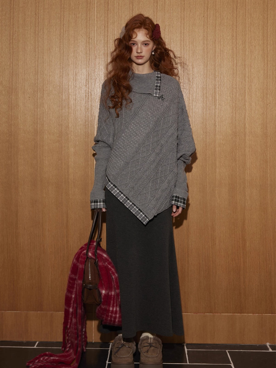 Plaid Patchwork Batwing Sleeve Knit Sweater