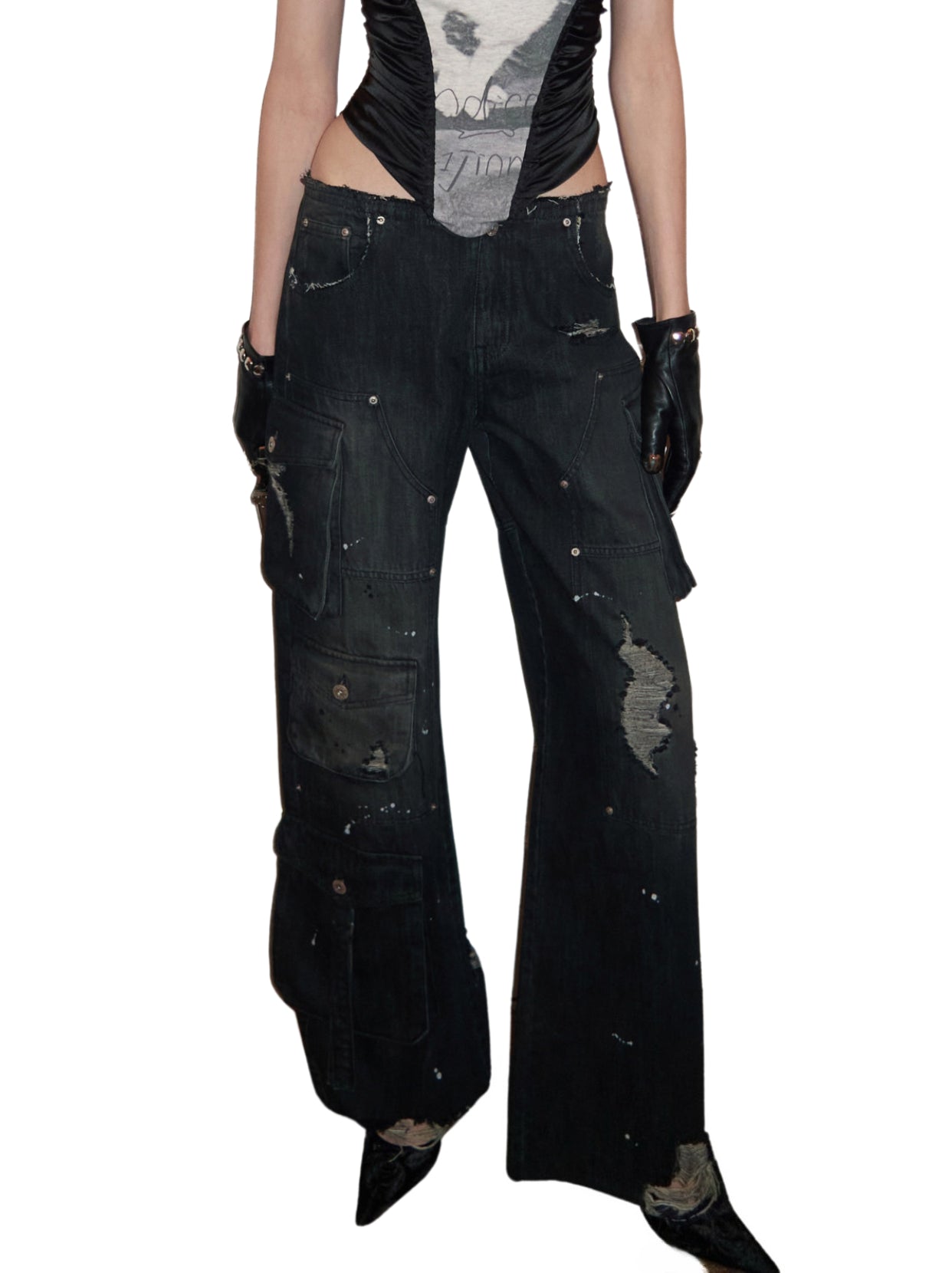 Multi-Pocket Washed Denim Pants