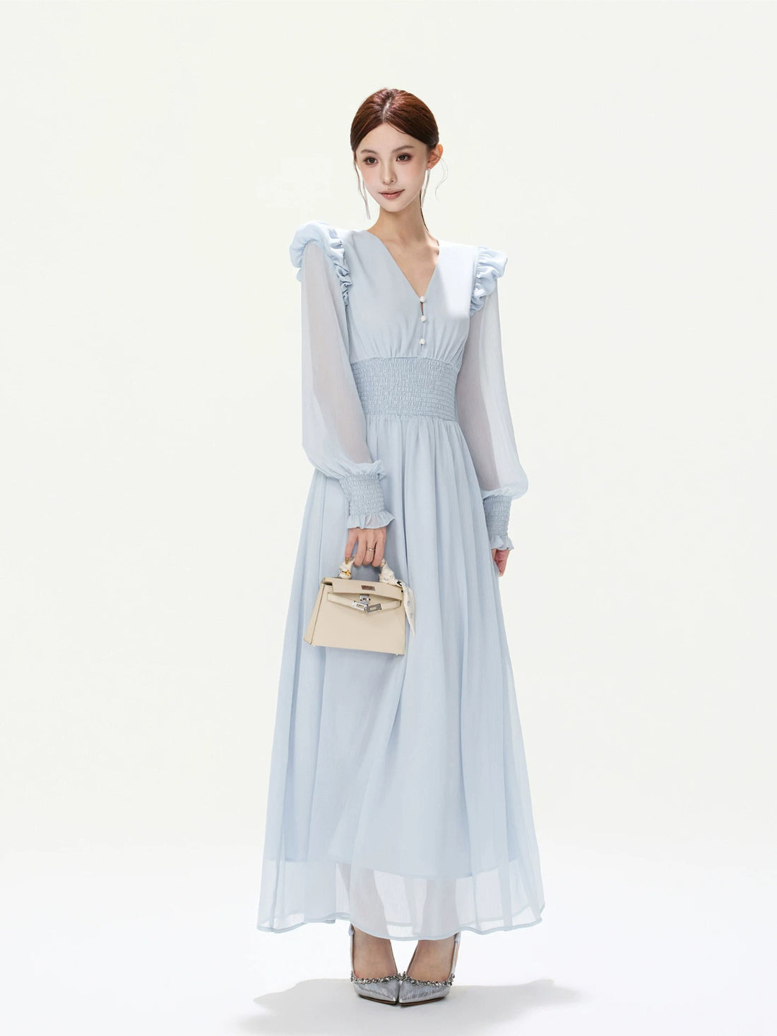 French Ruffle Chiffon Lantern Sleeve Dress