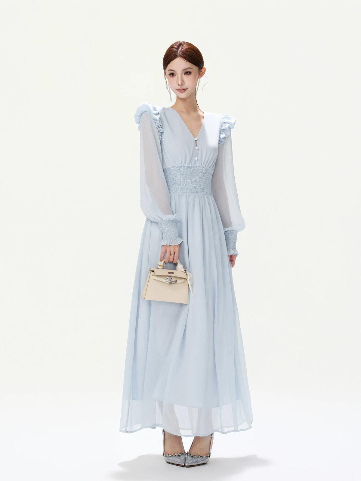 French Ruffle Chiffon Lantern Sleeve Dress