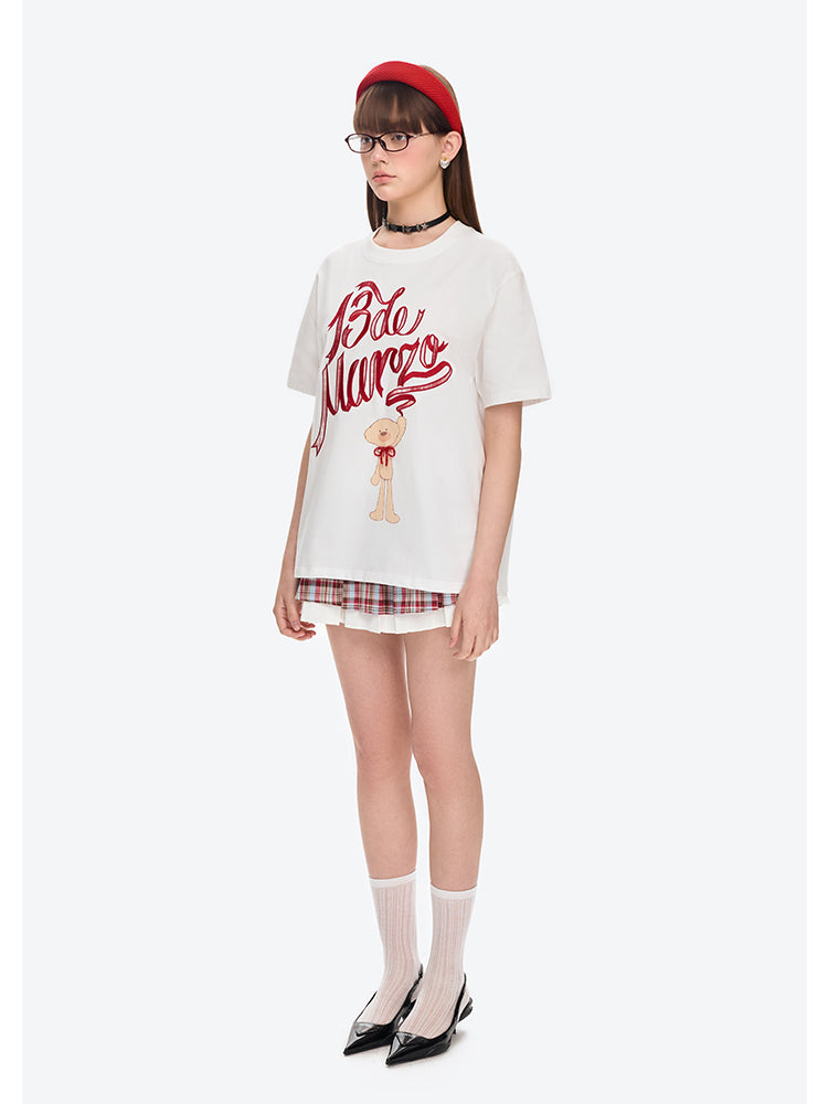 Checkered Ribbon Logo Cotton Short-sleeve T-shirt