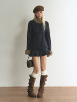 Plaid Fur-Trimmed Double-Breasted Jacket