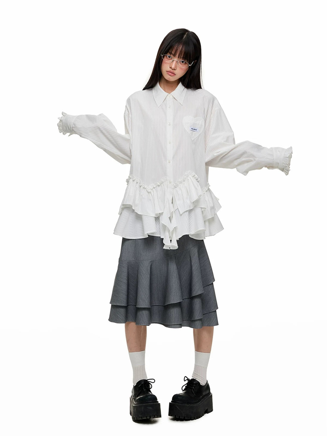 Irregular Ruffle Stripe Long Shirt