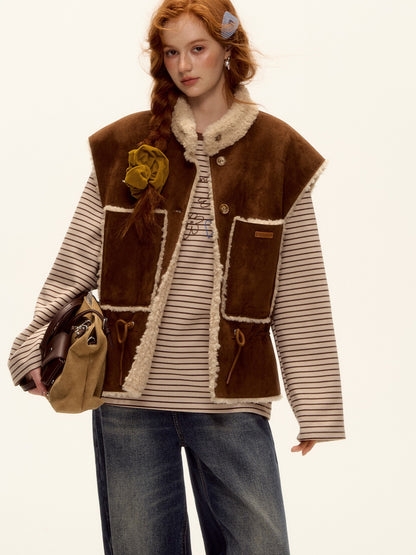 Reversible Suede Drawstring Shearling Vest