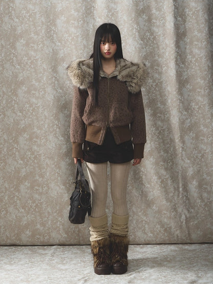 Korean Retro Leopard Wool Hooded Jacket