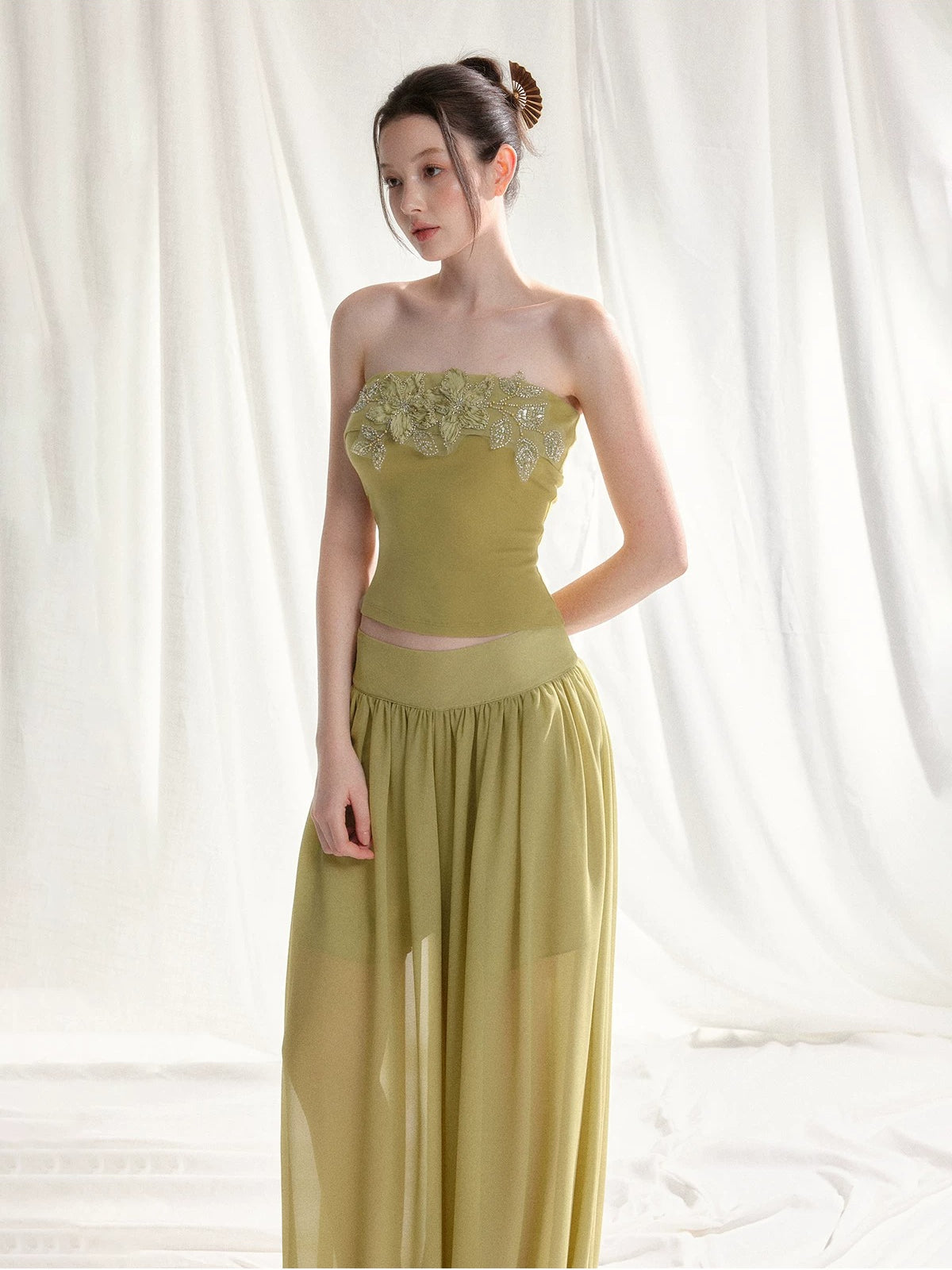 Floral Appliqué Bustier &amp; Mesh Pants Set