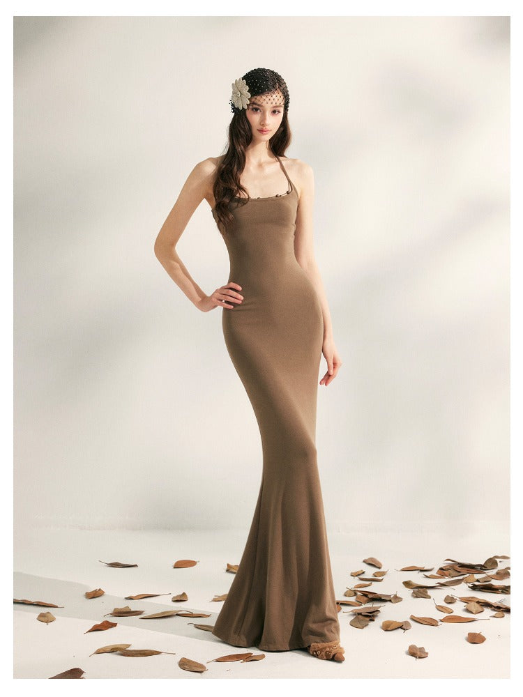 Beaded Halter Knit Fishtail Dress