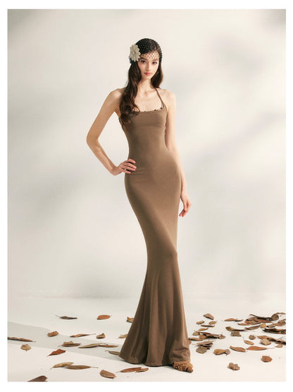 Beaded Halter Knit Fishtail Dress
