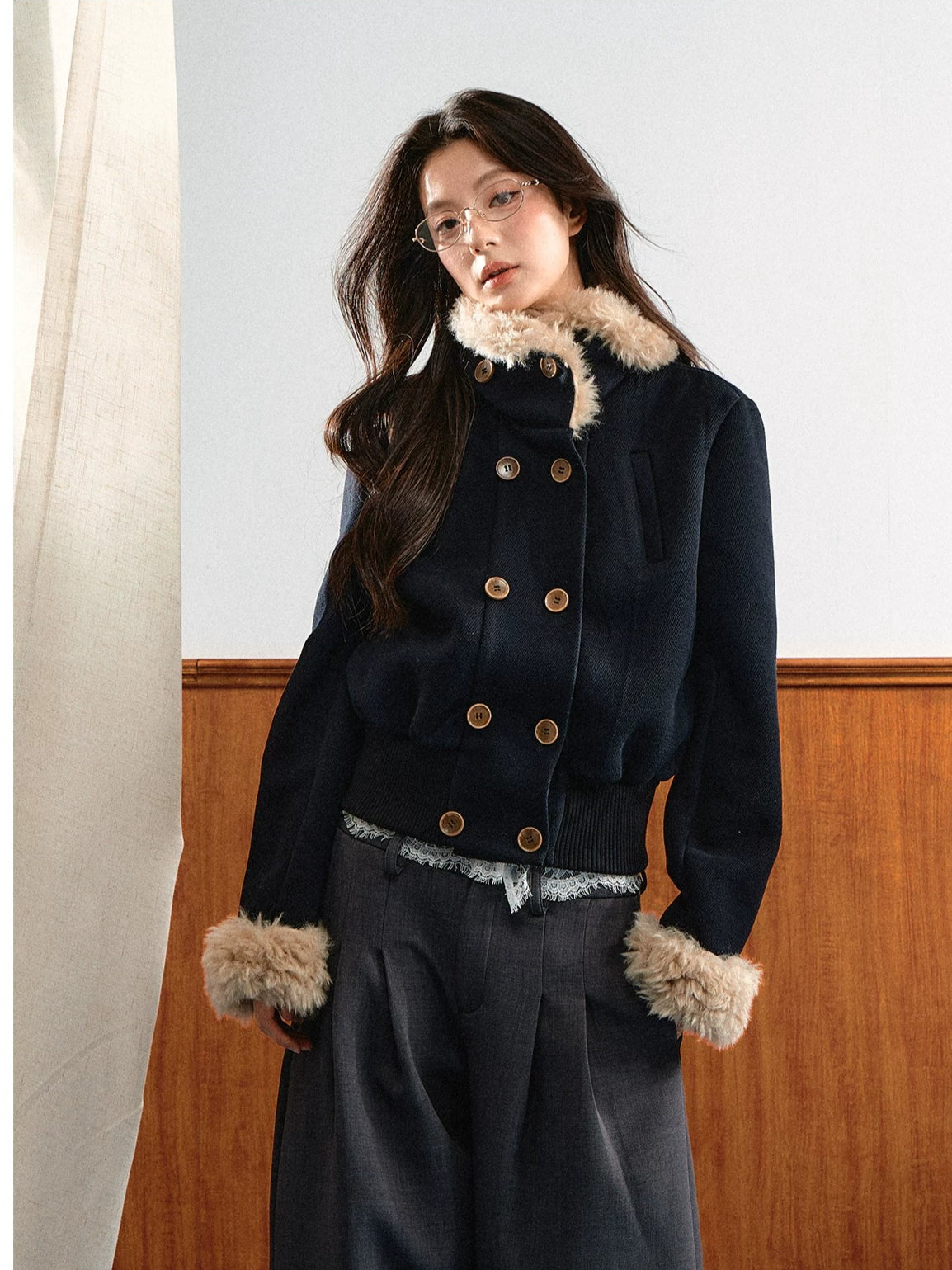 Navy Blue Vintage Faux Fur Collar Jacket